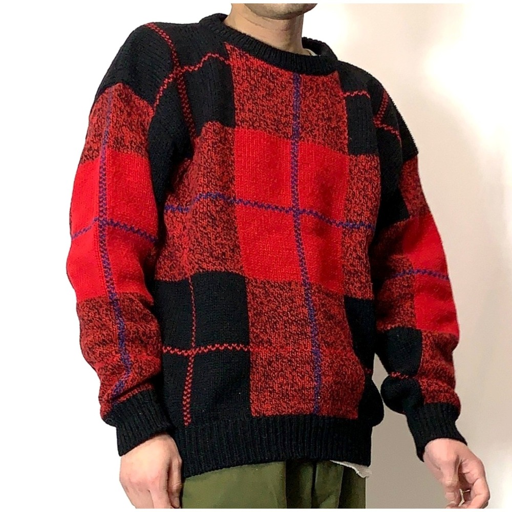 VTG Woolrich Red Black Buffalo Plaid Wool Tartan Crewneck Sweater Grandpa Core L